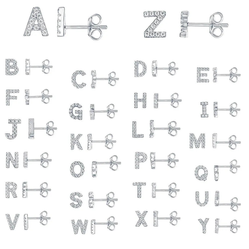 Gold plated alphabet letter earrings showing single English character with zircon decoration on brass base