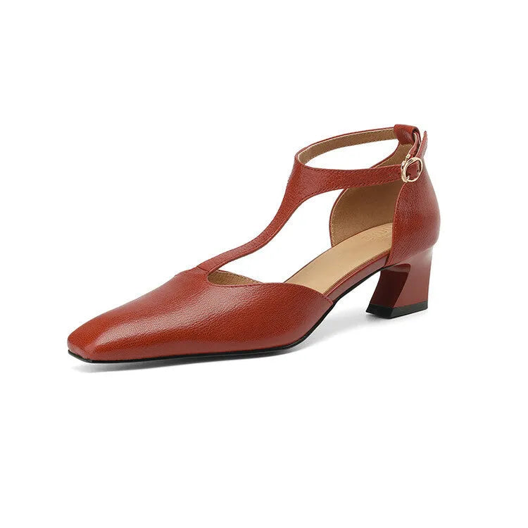 Women's wine red sheepskin leather square toe chunky heel shoes with buckle fastening and decorative sewing lines