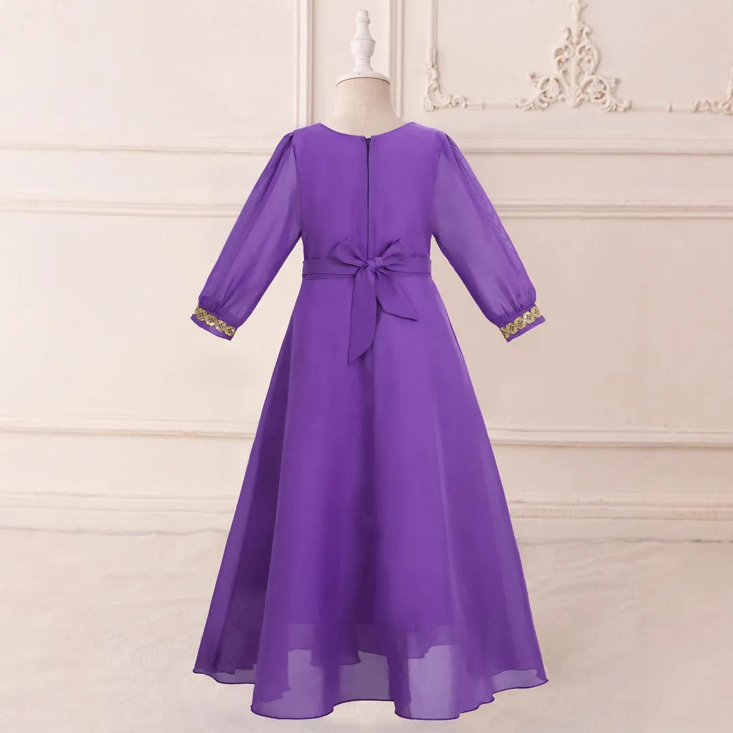 Long-sleeved purple puffy chiffon ribbon princess dress with cotton lining