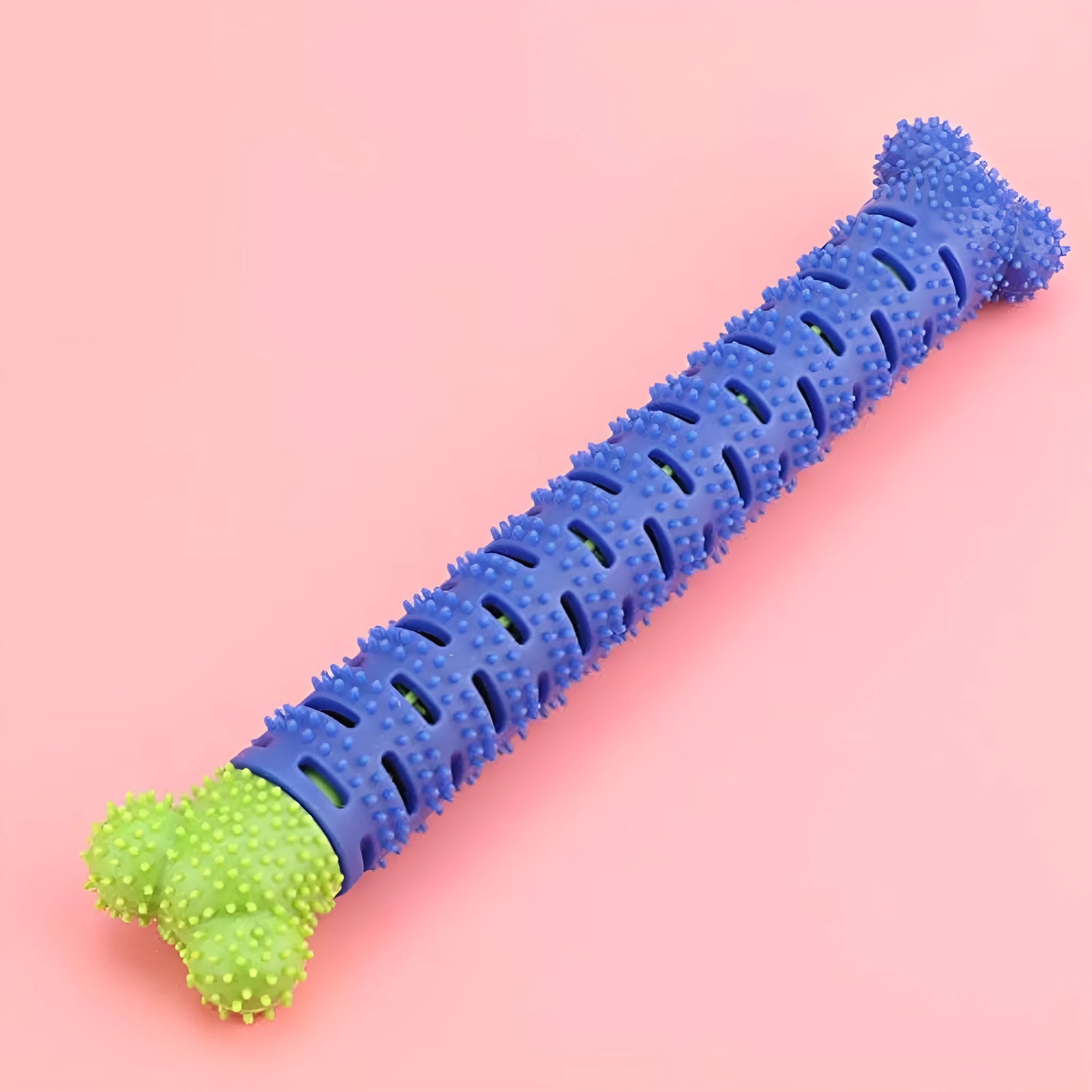 Blue green silicone dog dental cleaning stick with brush head design and gum massage nodules