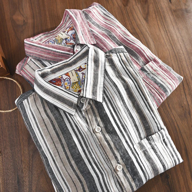 Men's casual striped linen shirt with long sleeves in loose fit for summer wear