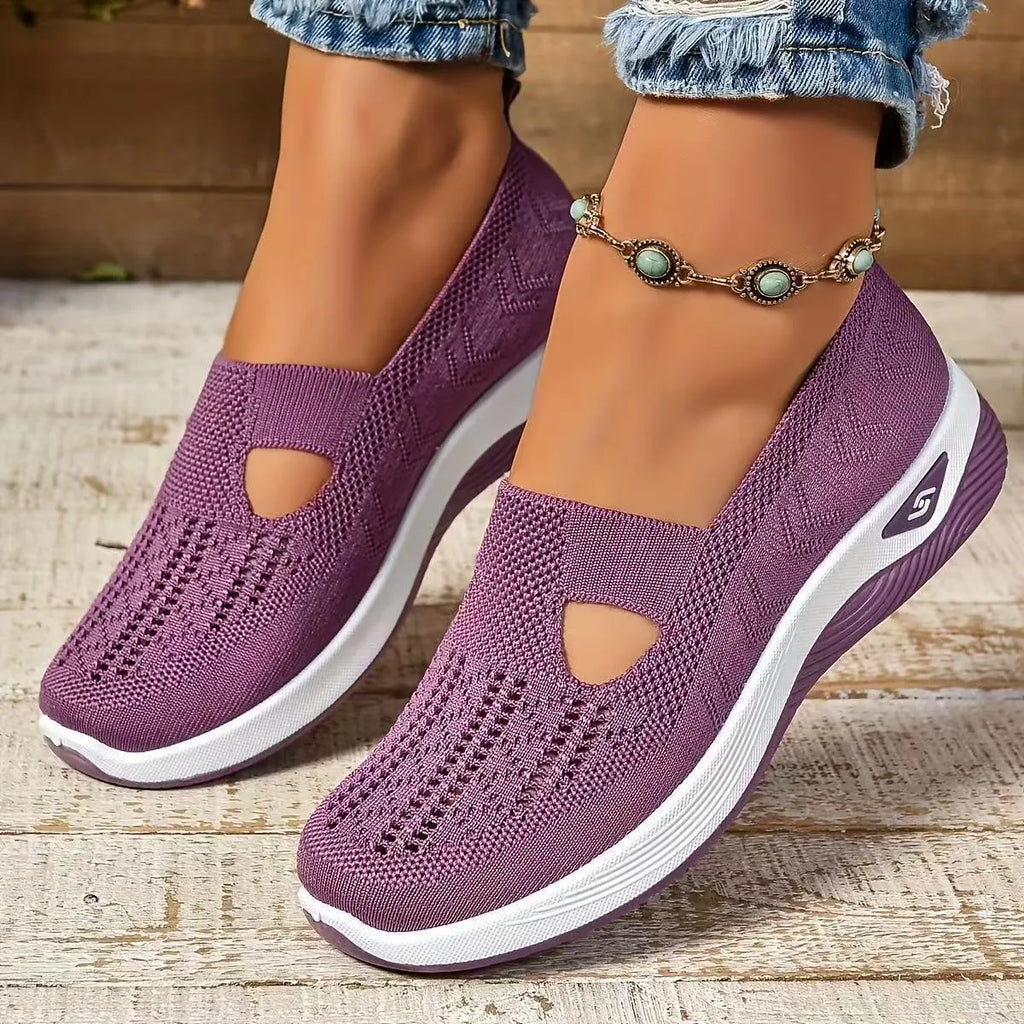 Women's casual mesh shoes with T-strap in various colours showing round toe and flat heel design