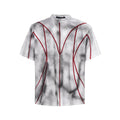 Short sleeve T-shirt with padded shoulders and textured line patchwork on a round neck.