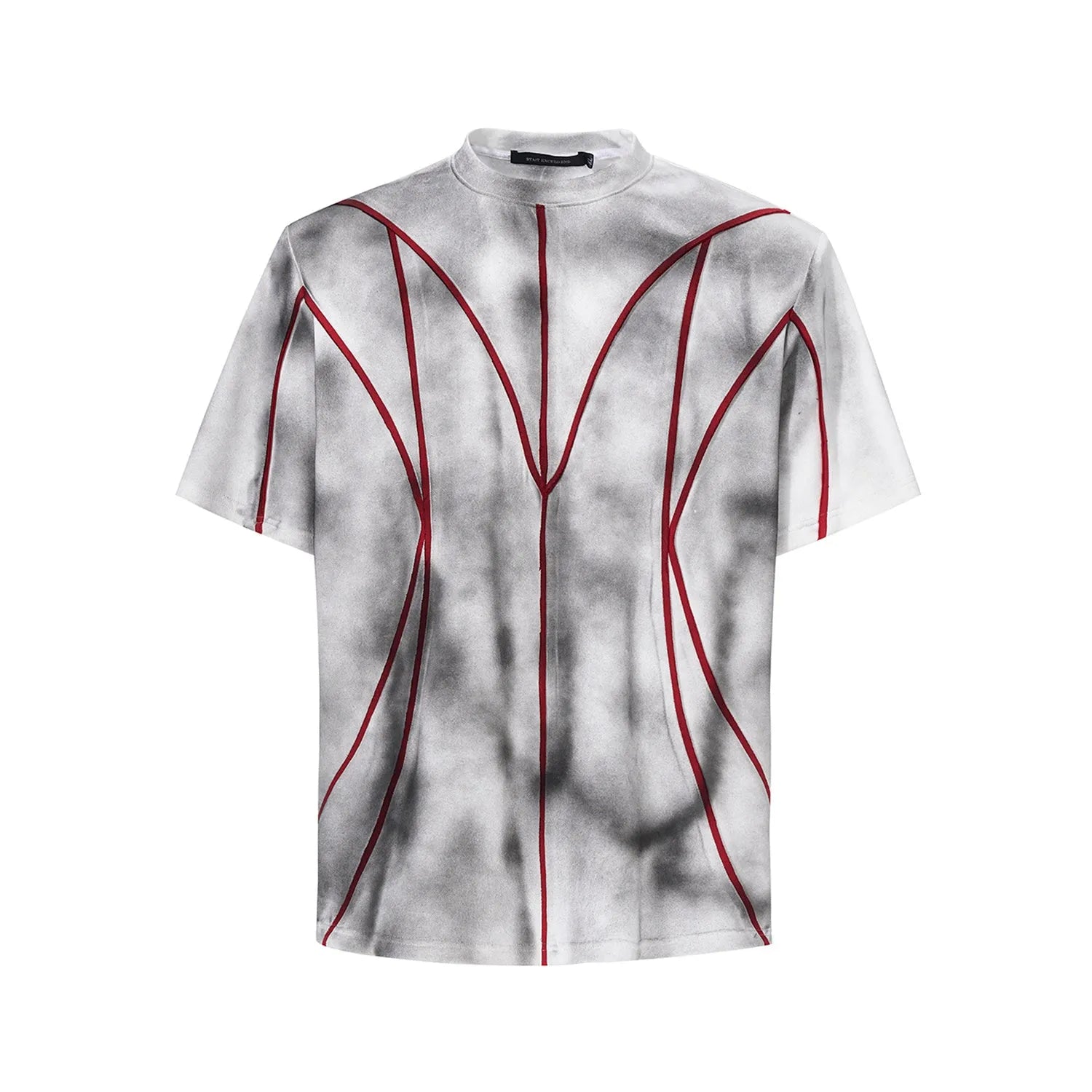 Short sleeve T-shirt with padded shoulders and textured line patchwork on a round neck.