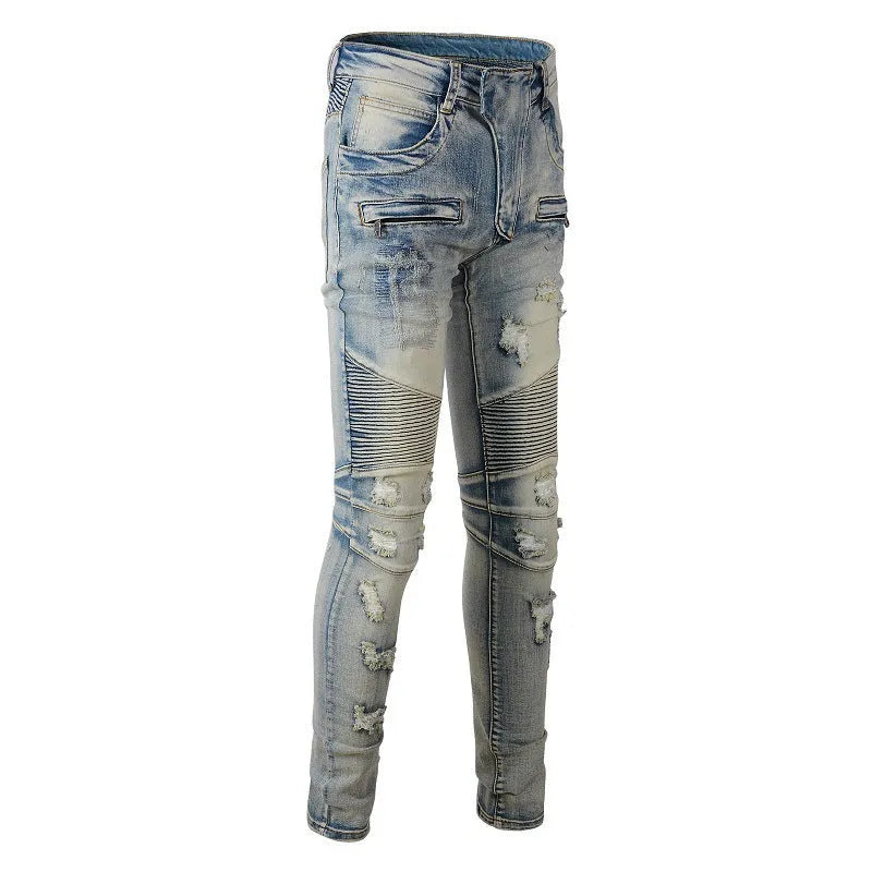 Light blue men's slim fit jeans with hand-frayed distressing and beggar-style details