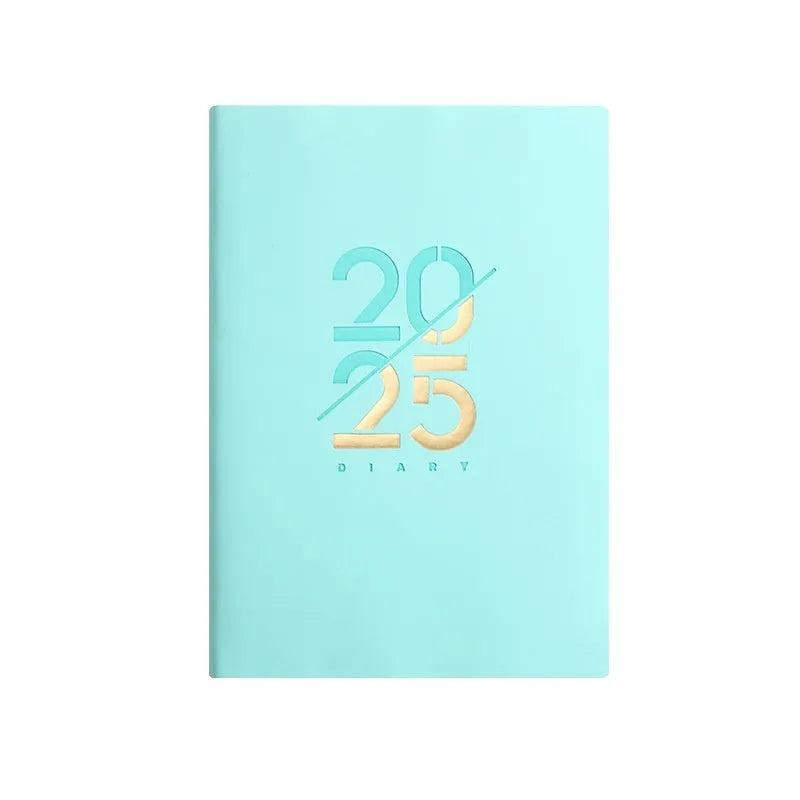 A5 daily planner notebook with faux leather cover open on a desk