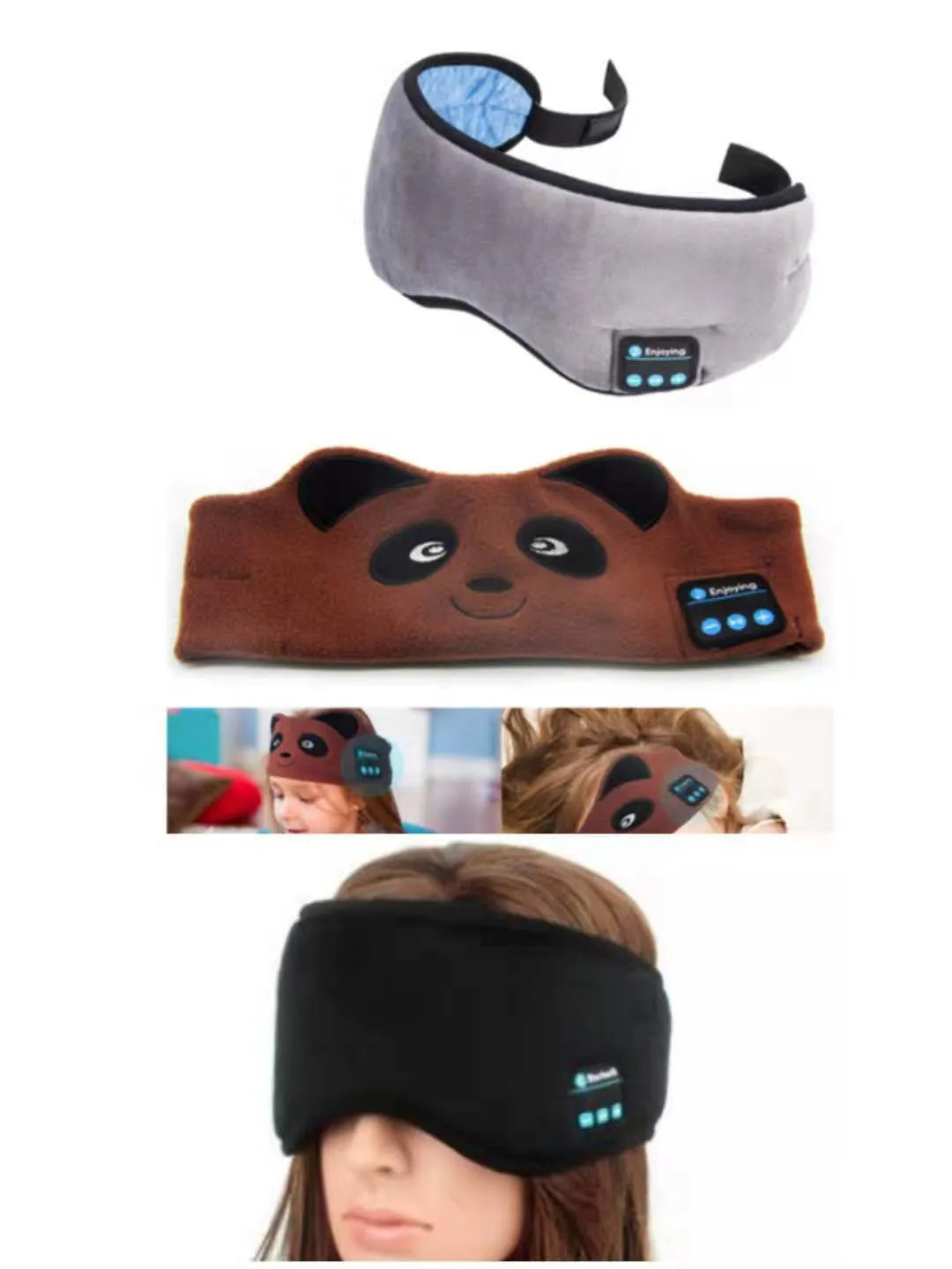 Black Bluetooth headphone eye mask with soft padding and integrated speakers for wireless music listening during sleep