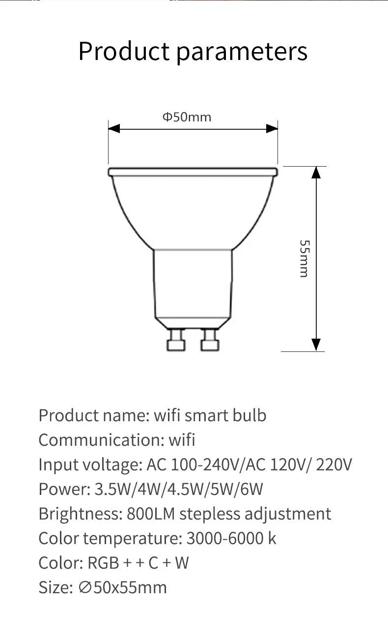 GU10 smart LED spotlight with WiFi and voice control in compact 50mm design
