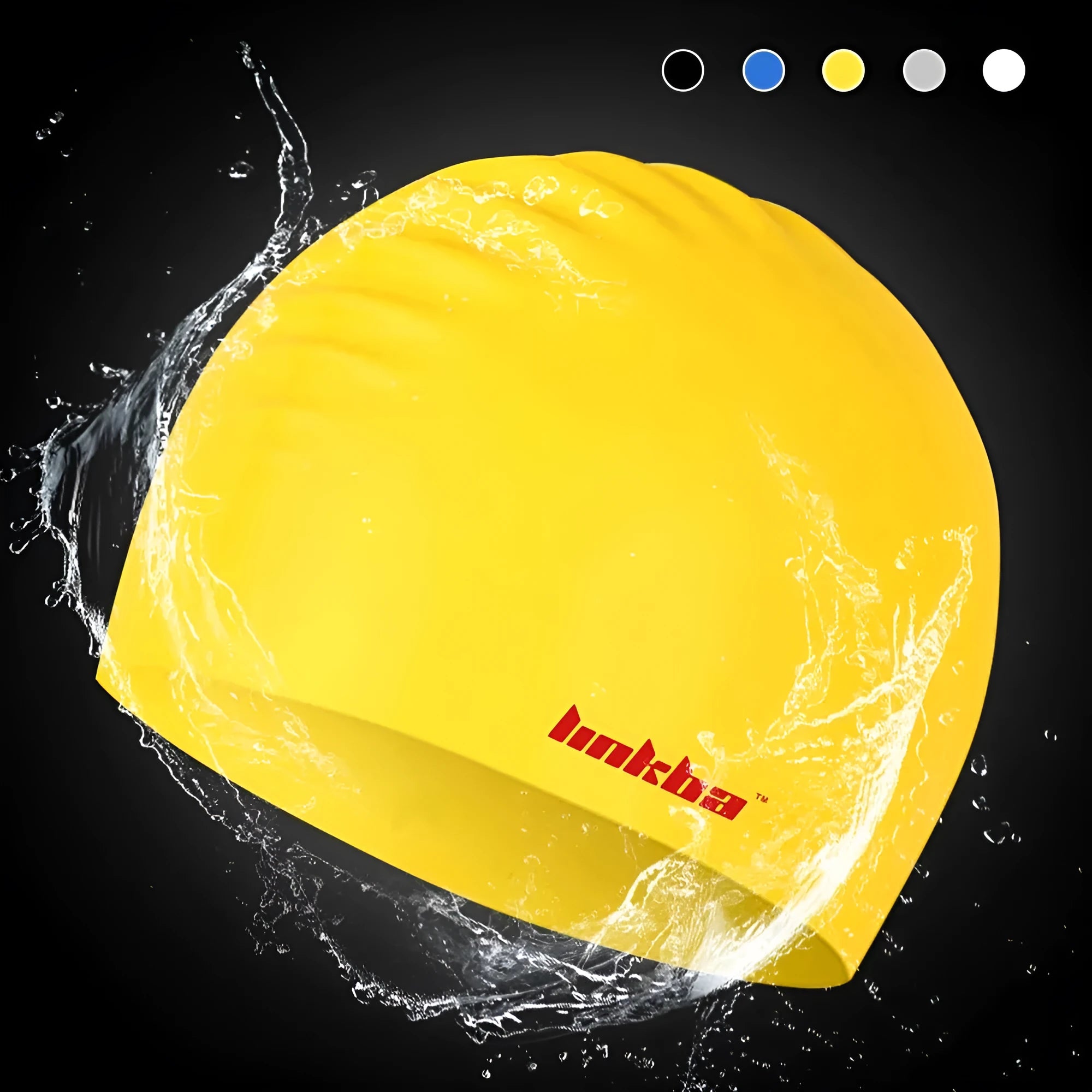Silicone swimming cap covering ears in blue colour with white letter pattern