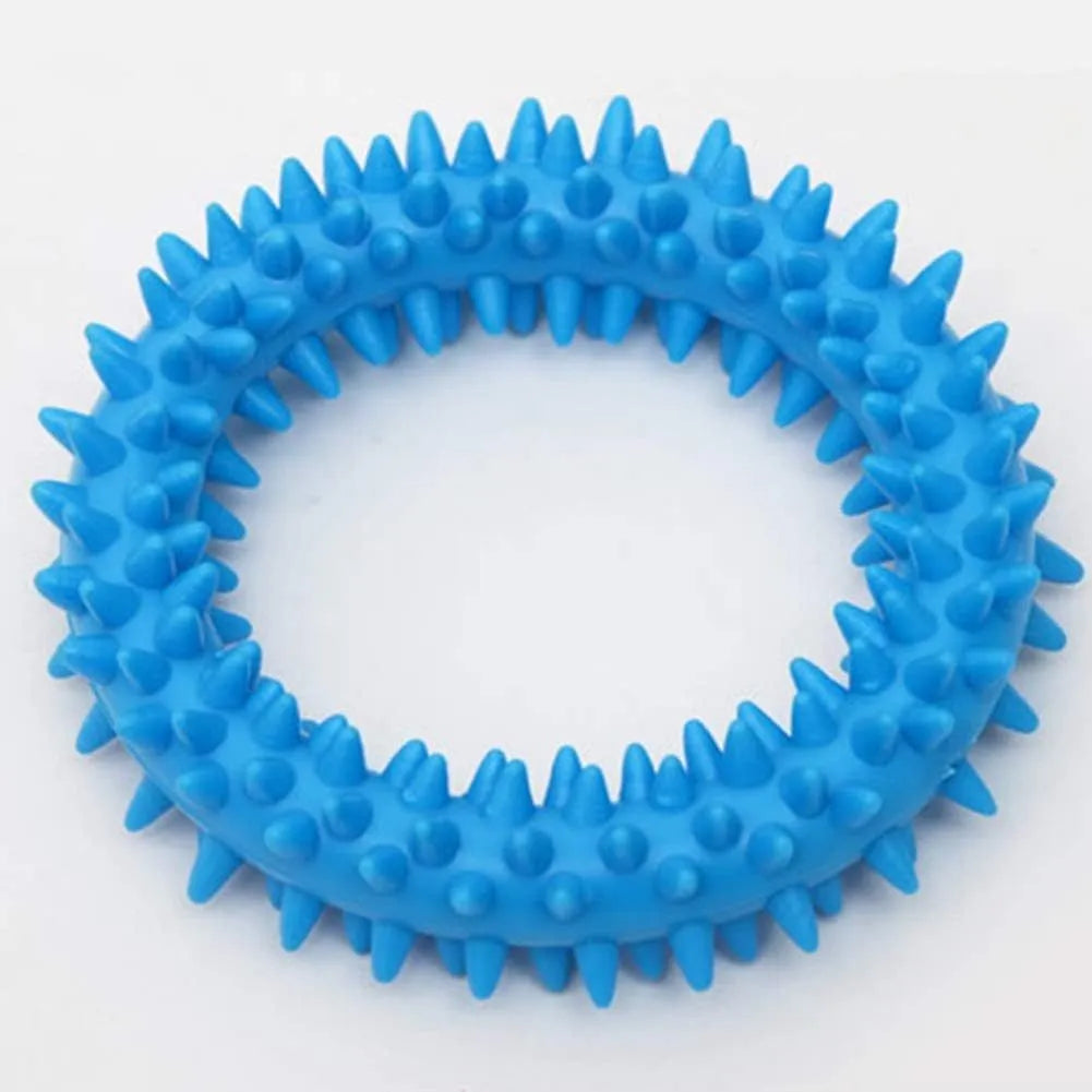 TPR spiky circle dog chew toy 9.5cm diameter in six colour options