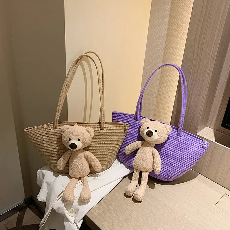 Cotton linen woven dumpling-shaped tote bag with double straps and three-dimensional pockets