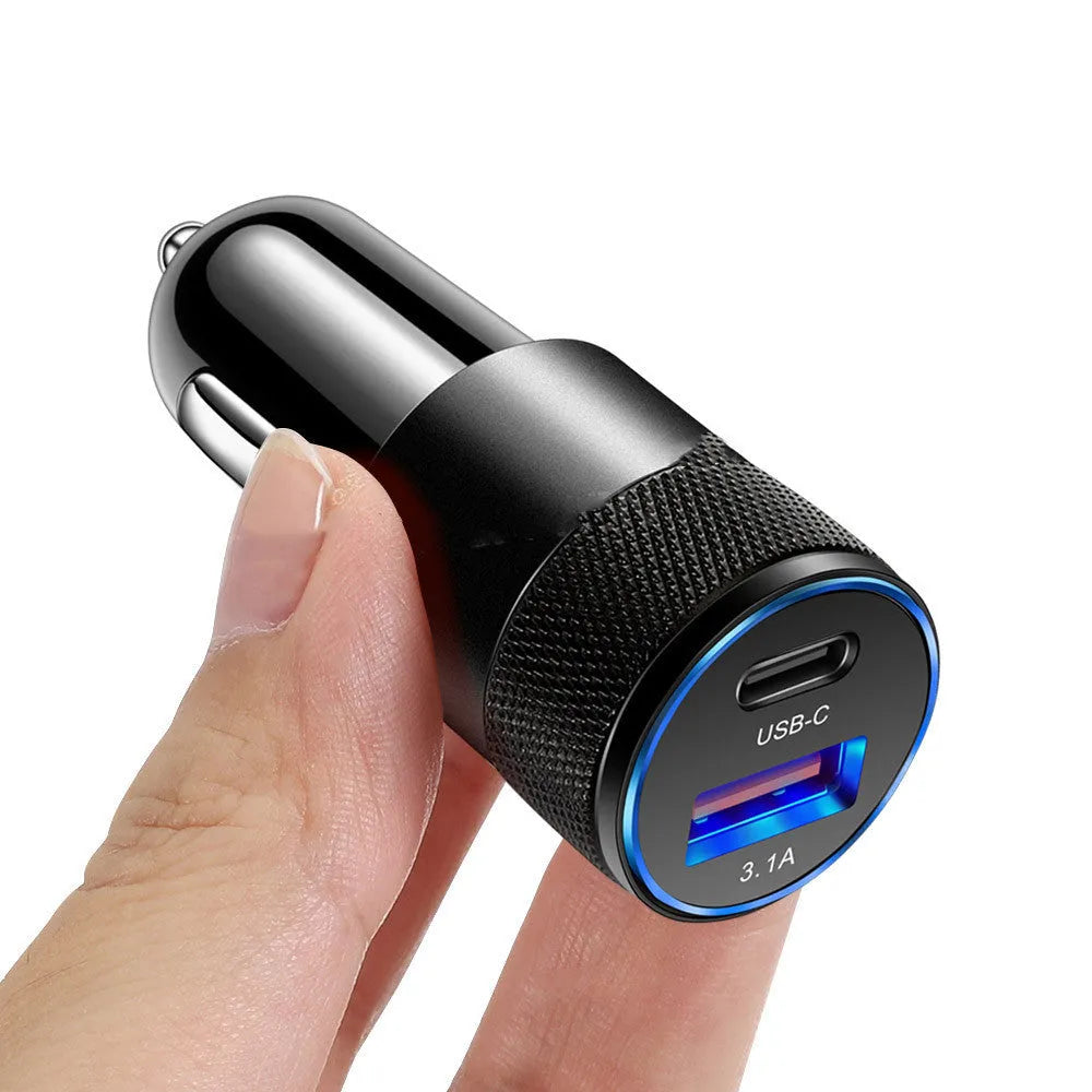 Aluminium alloy mobile phone car charger measuring 2.5 by 6 centimetres