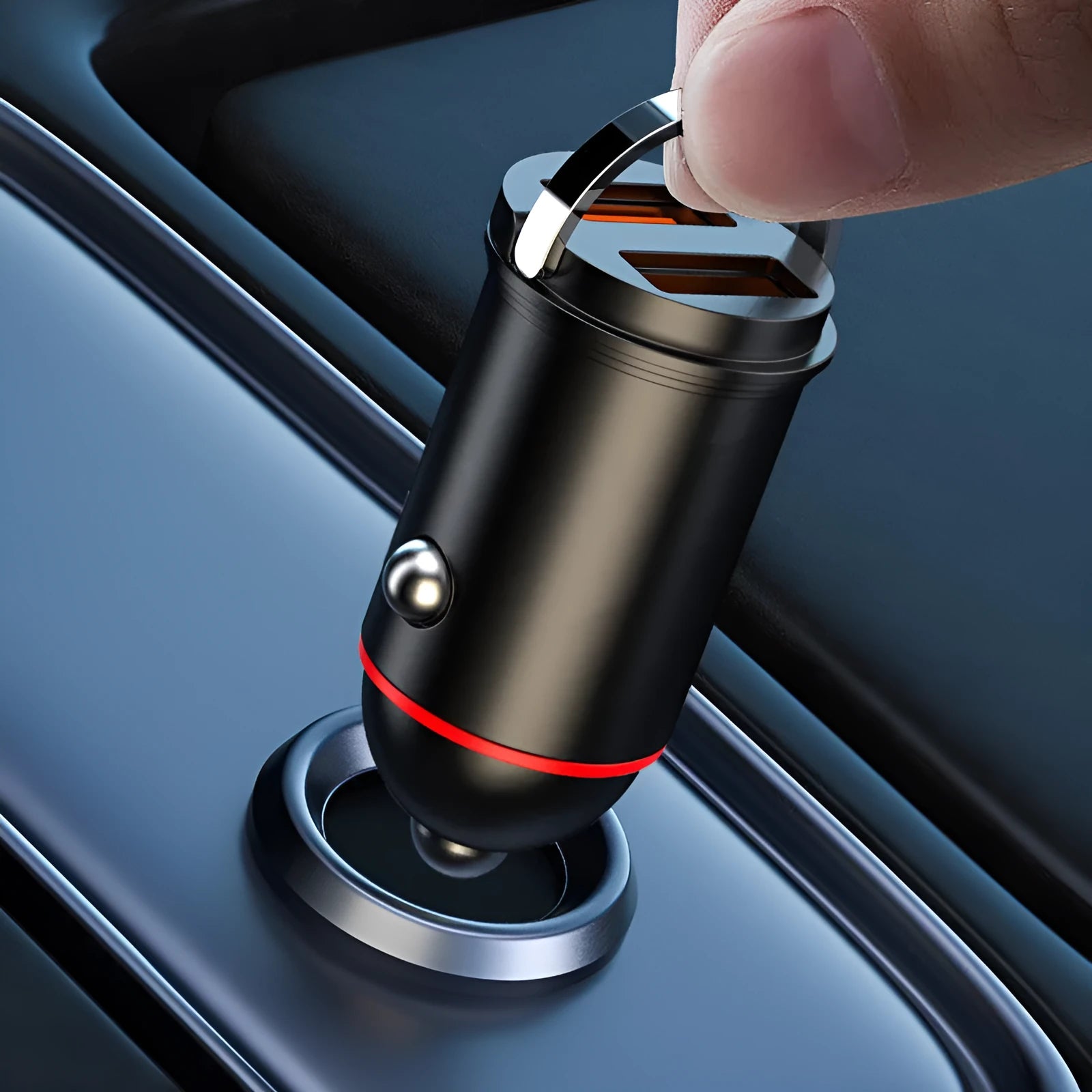 Black zinc alloy 200W car charger showing USB ports and compact design