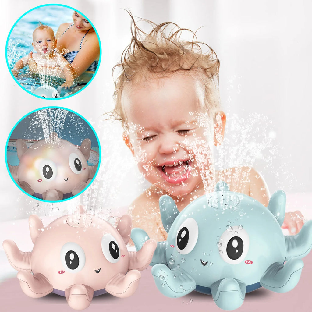 Children's automatic water spray bath toy with flashing lights in blue octopus design on white background