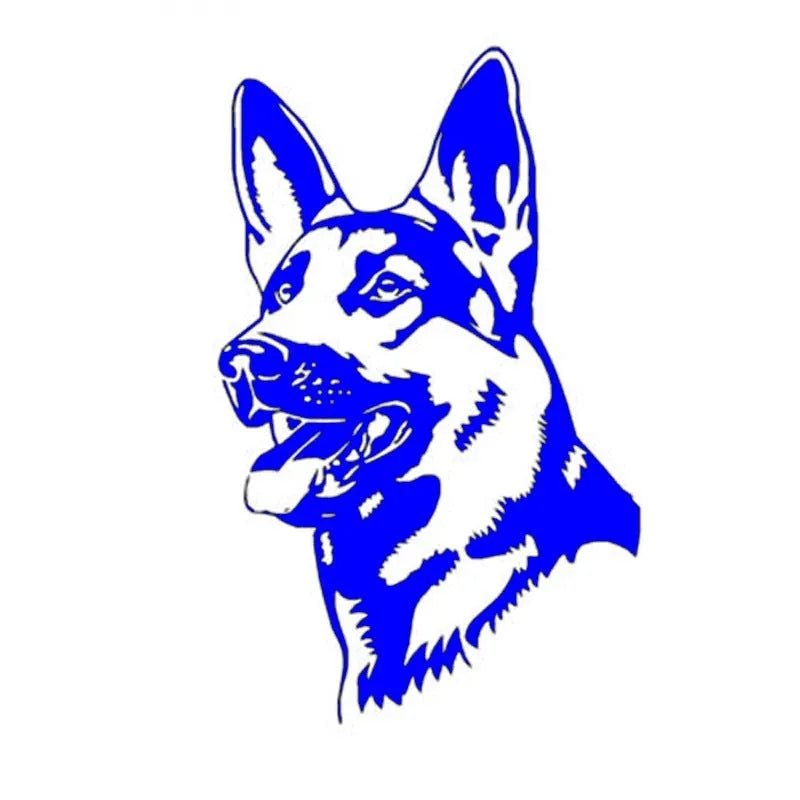 Reflective Alsatian German Shepherd silhouette car sticker on a white background, 13cm by 8cm.