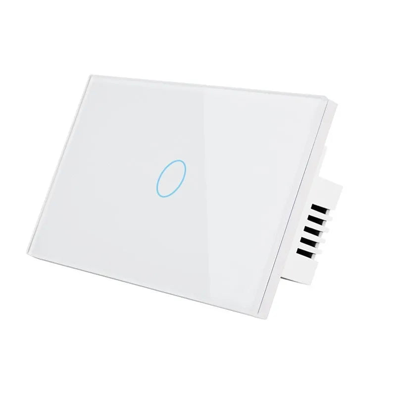 Modern 2-gang tempered glass touch light switch with white finish and blue LED indicator