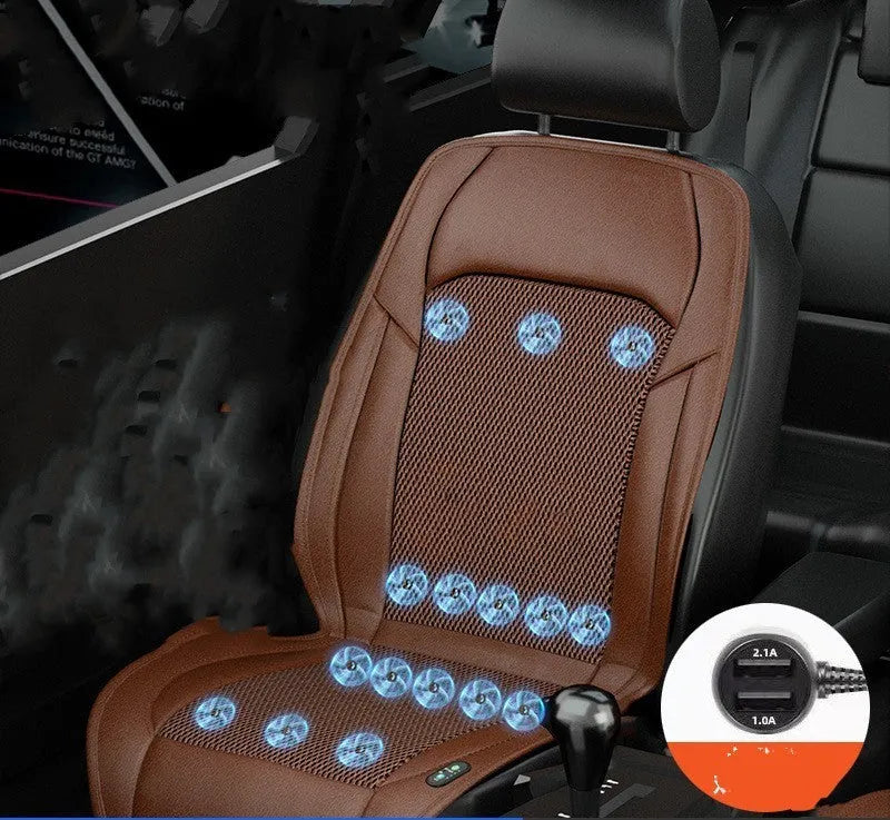 Ventilated car seat cooling cushion with fan grid, plugged into a 12V cigarette lighter socket.