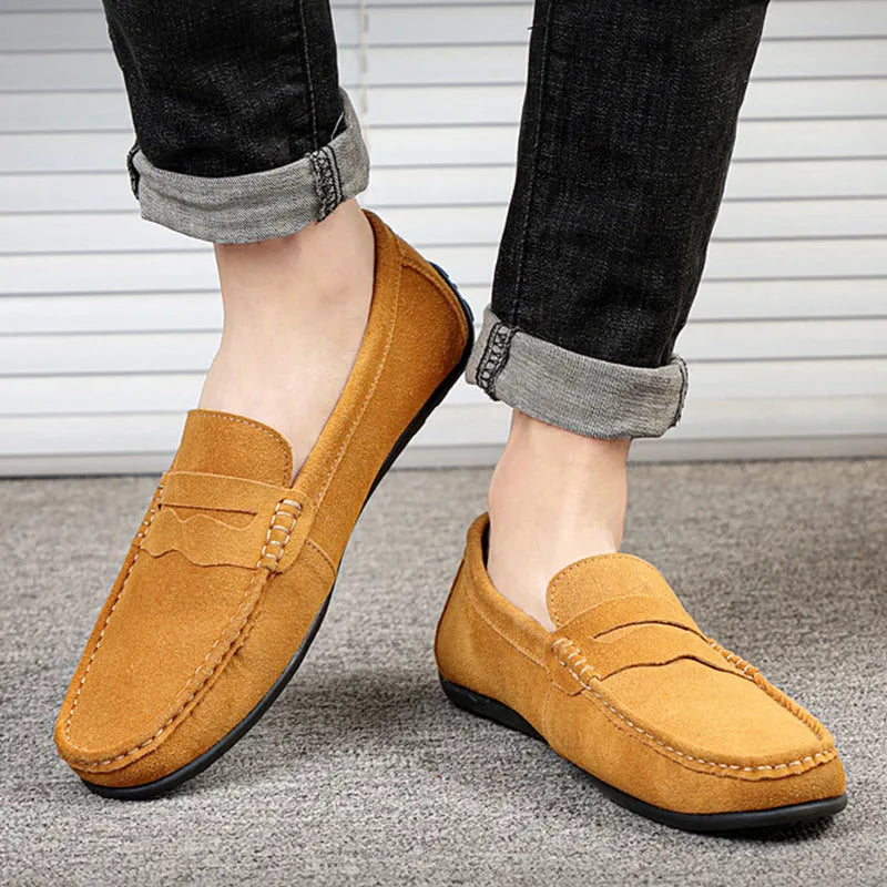 Men's suede leather loafers in solid colours with round toe and rubber sole