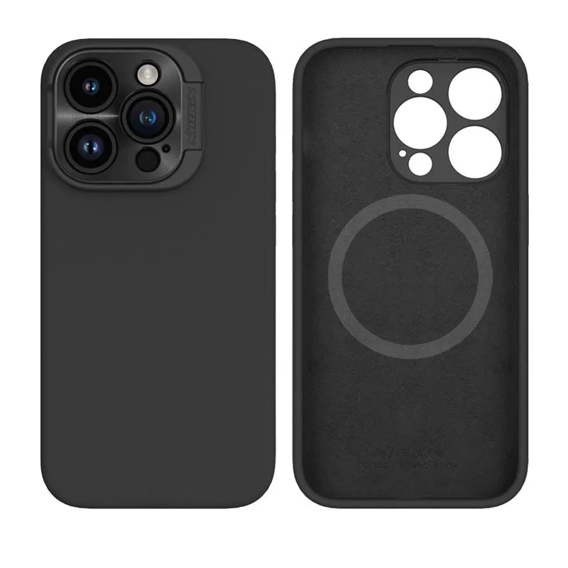 Liquid silicone magnetic phone case with bracket in black for iPhone