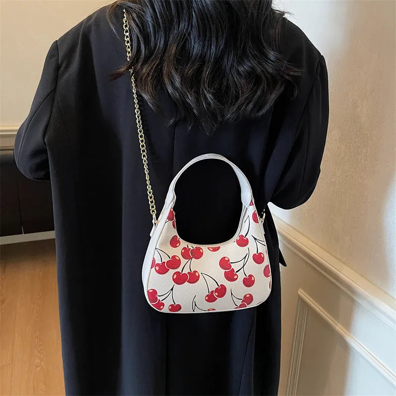 Autumn printed fashion underarm tote bag PU horizontal square with stitching and contrast colour details in black