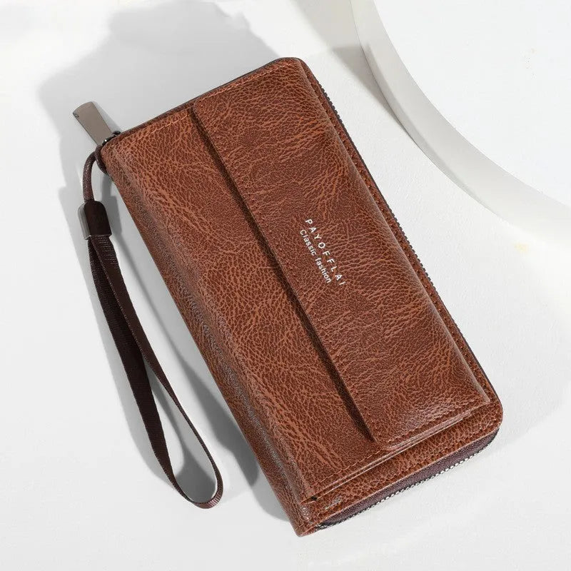 Men's black PU leather wallet with multiple card slots showing 19 cm length
