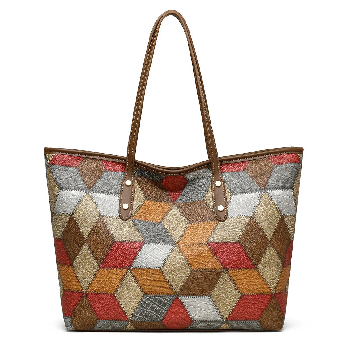 Women's large capacity PVC shoulder handbag with sandwich pockets in blue brown colour