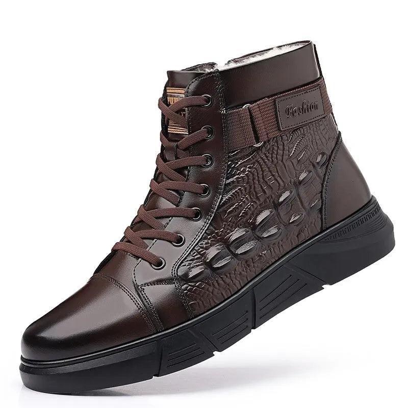 Women's brown genuine leather lace-up snow boots with fur trim and a rubber sole on a white background.