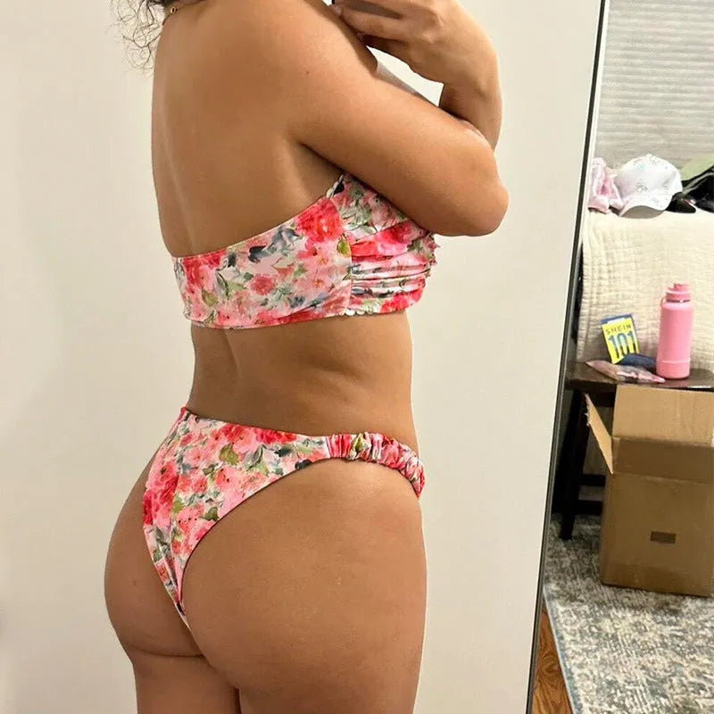 Floral printed tube top bikini with lace trim in European American style swimwear