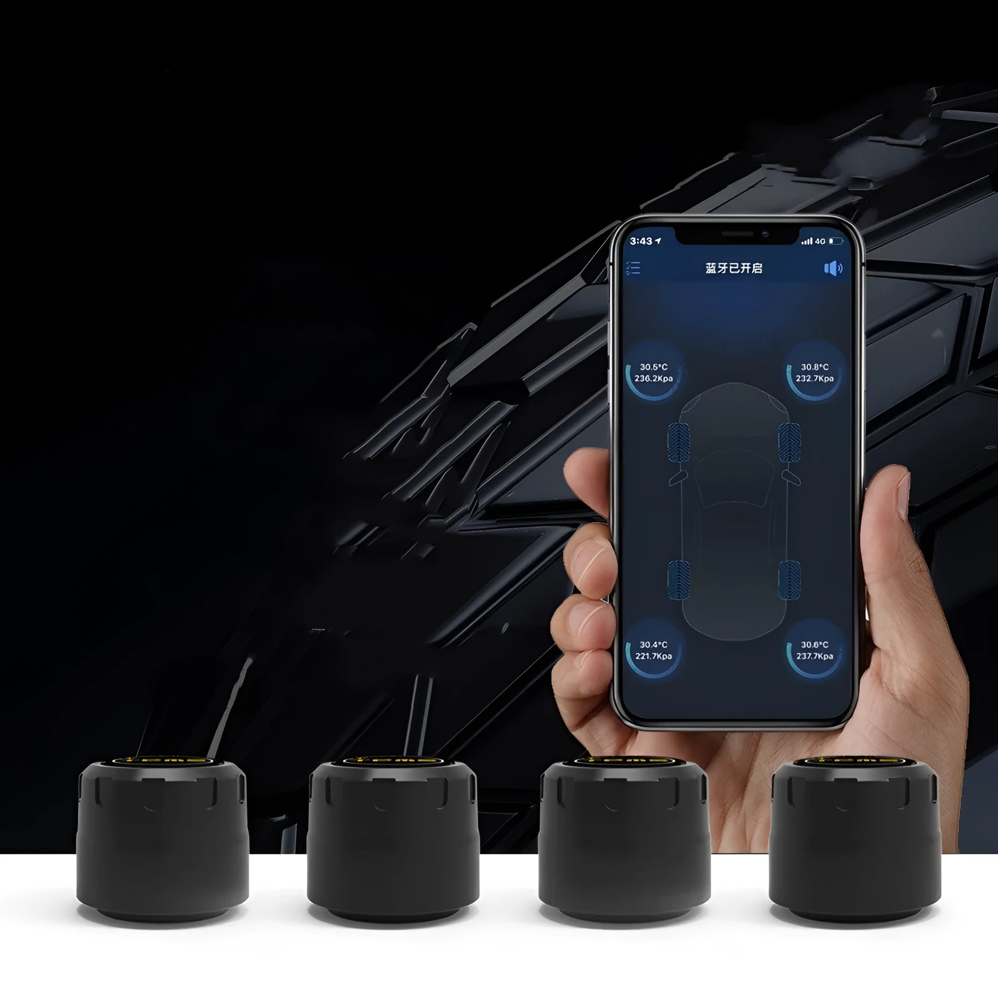 Black Bluetooth 5.0 external tire pressure monitor body sensor with IP67 waterproof rating and 100-1300kPa range