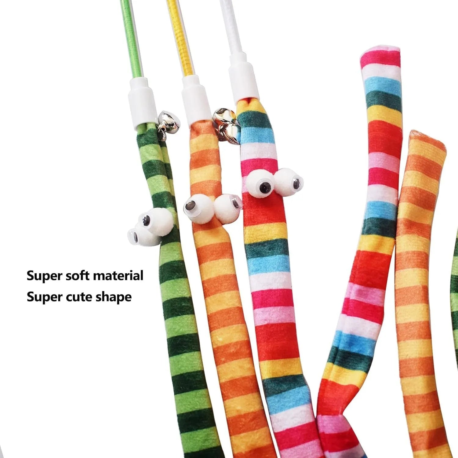 Cat teaser wand with colourful plush strip and bell on a polycarbonate pole.