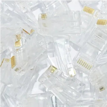 White RJ45 modular plug with three-fork gold-plated contacts for Ethernet cable termination