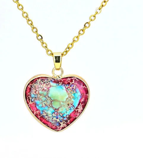 Red and blue heart-shaped emperor stone pendant necklace on a metal chain