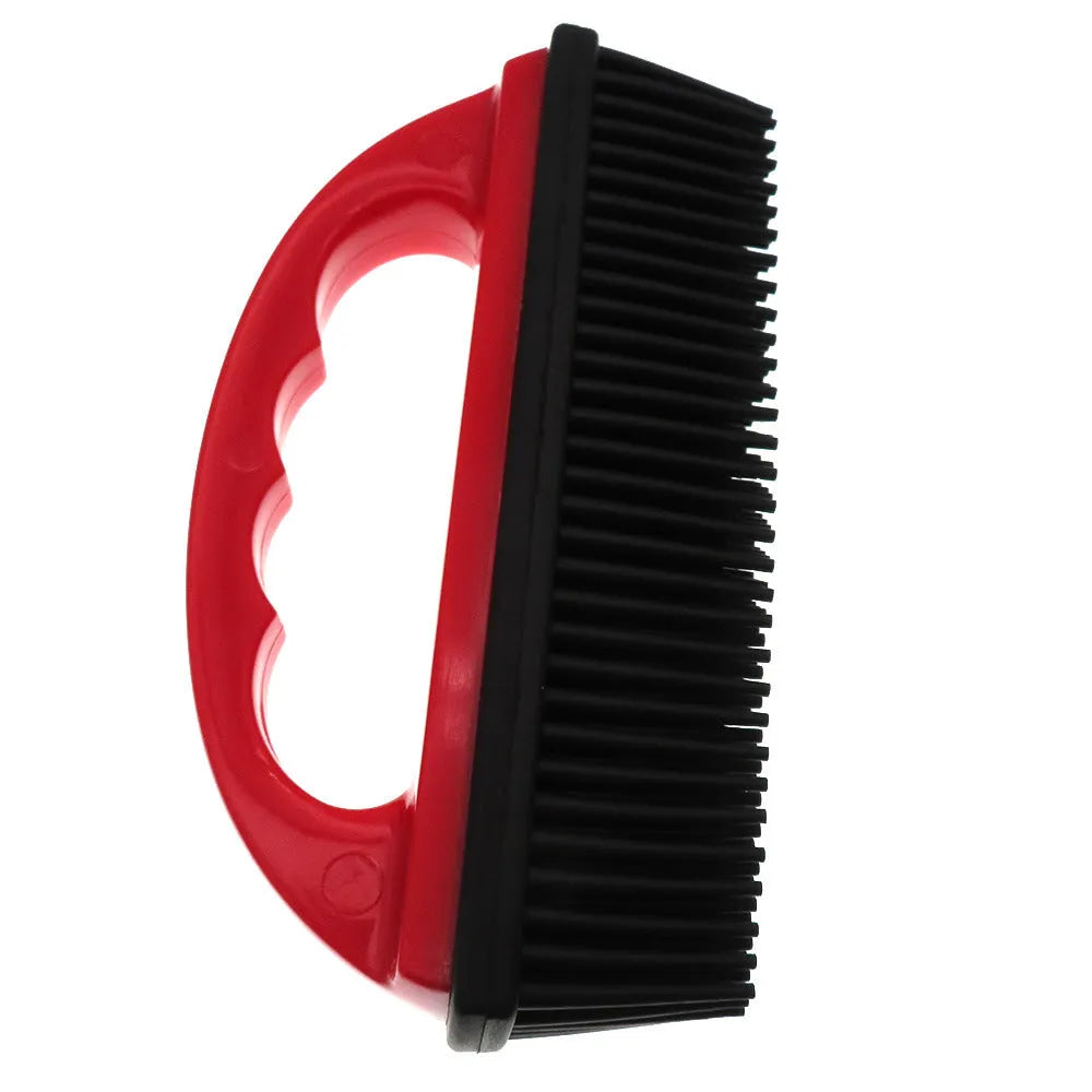 Red pet hair removal brush for bath grooming and carpet cleaning measuring 160mm by 85mm