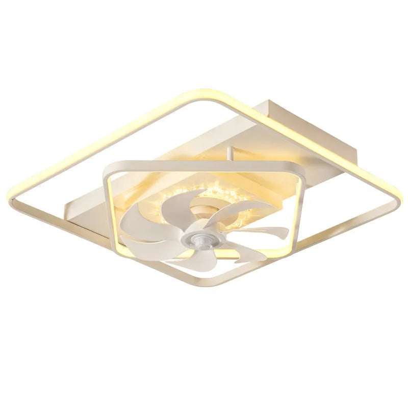Modern ceiling fan with integrated light fixture, 1100mm size with plastic blades and acrylic lampshade.