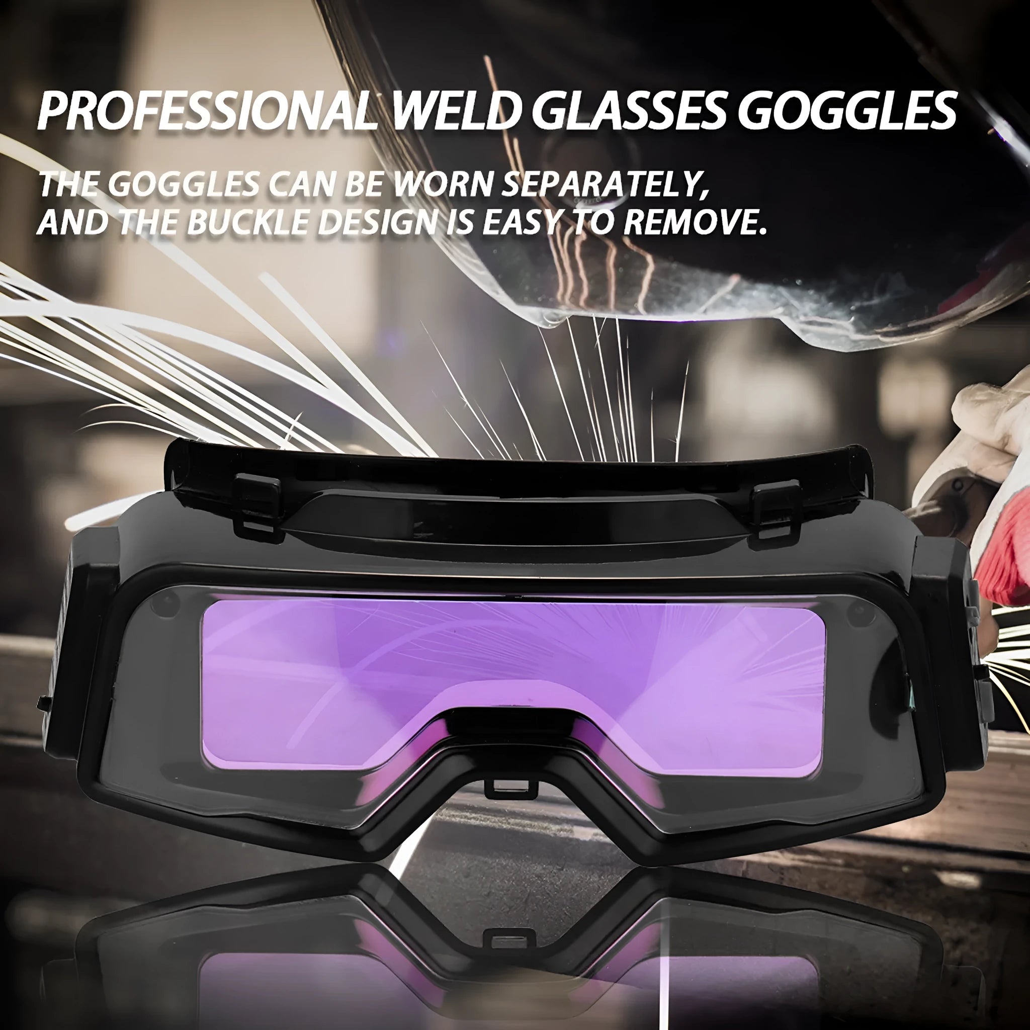 Black automatic darkening welding mask with protective headwear, showing the large rectangular viewing lens.