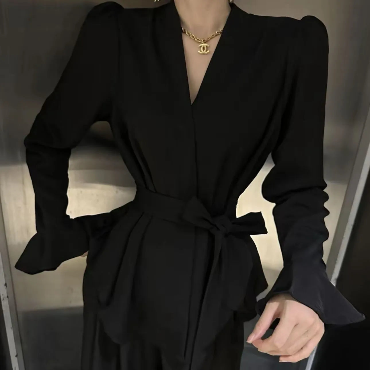 Women's French-style shirt with irregular collar and bell sleeves in wine red colour