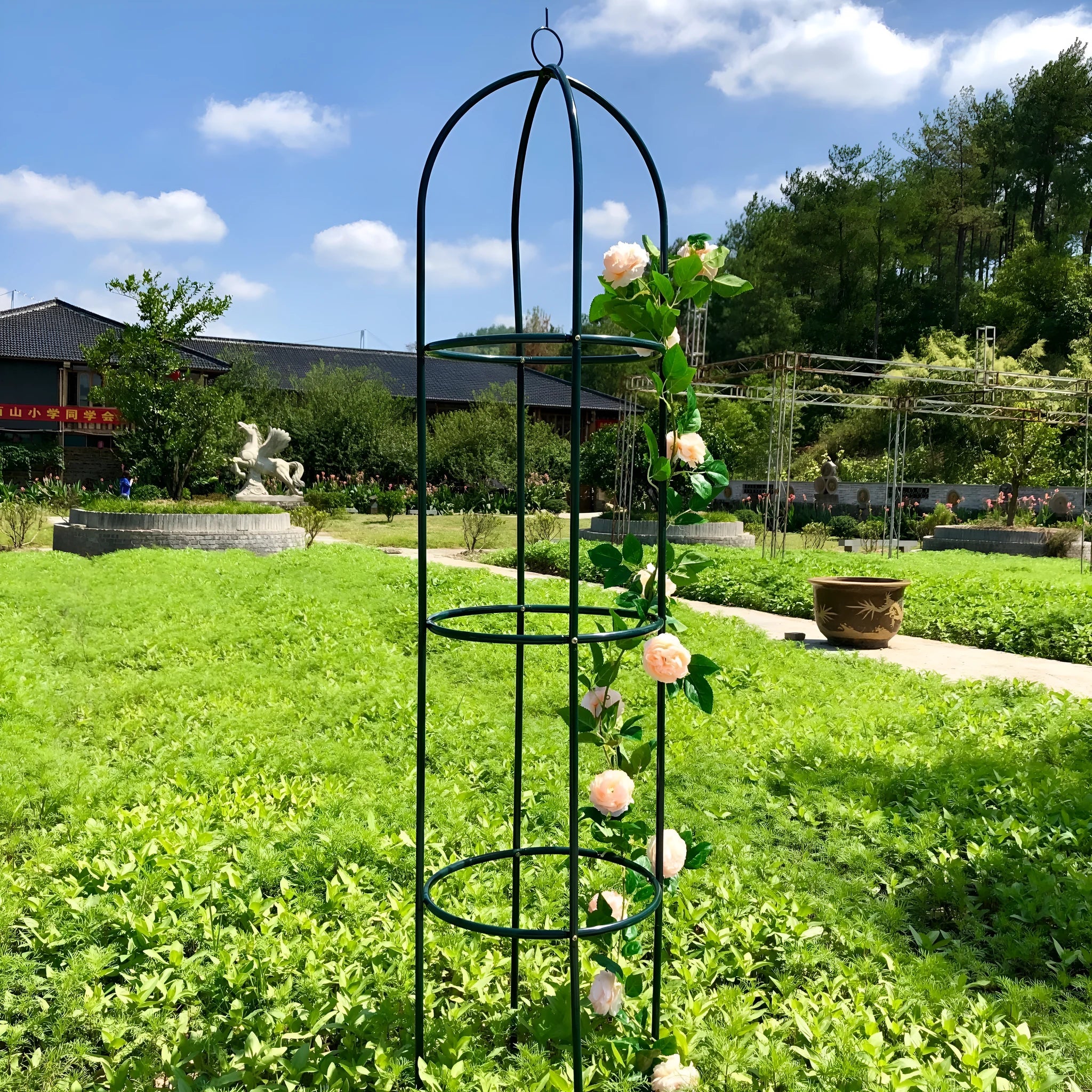 Dark green wrought iron plant climbing frame with lattice design for indoor climbing plants