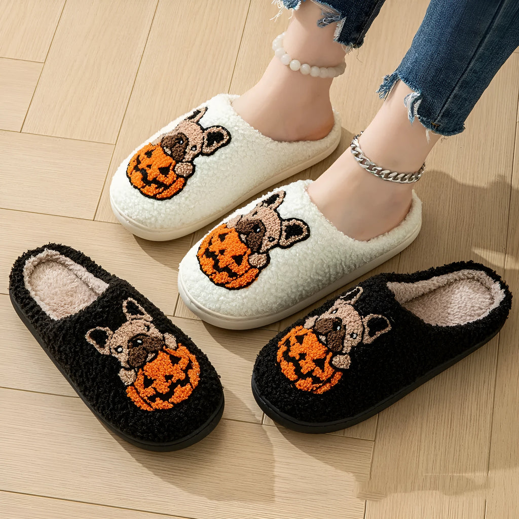 Halloween pumpkin slippers with TPR rubber soles in black or white colours for indoor outdoor wear