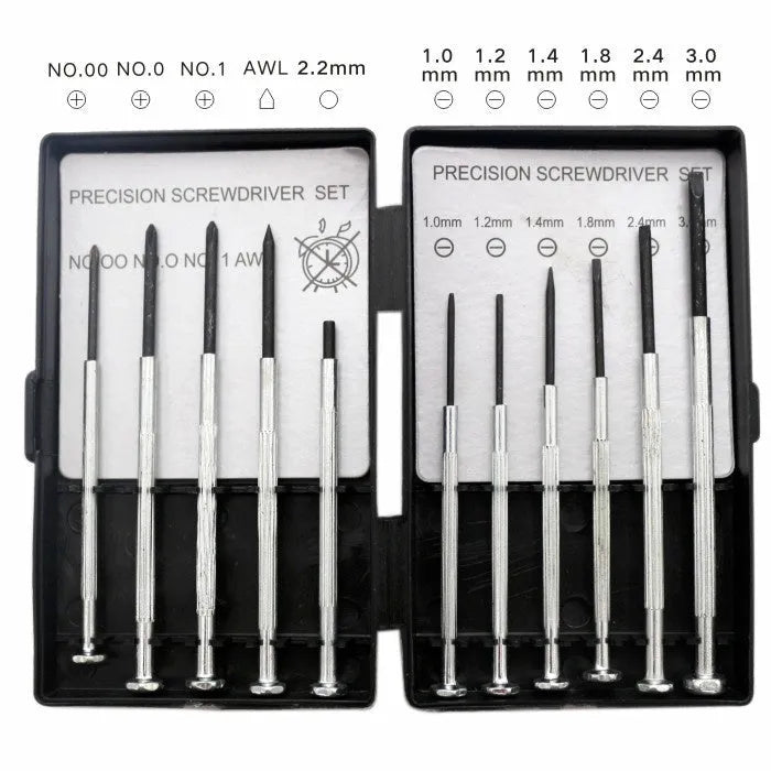TH-6177 11 piece clock screwdriver set with cross and slotted heads on a workbench