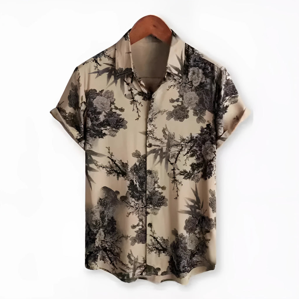 Hawaiian print short sleeve shirt with floral pattern and elastic fabric on a mannequin