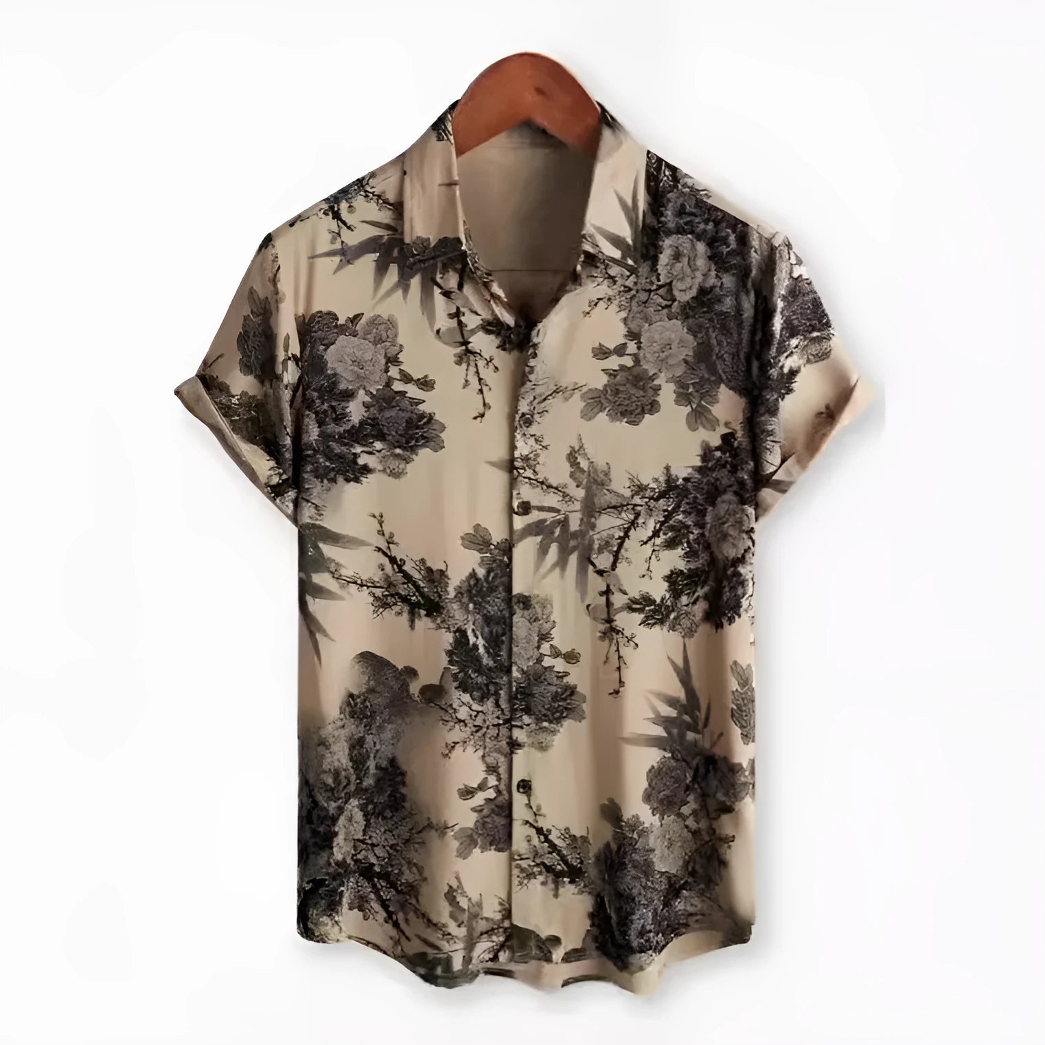 Hawaiian print short sleeve shirt with floral pattern and elastic fabric on a mannequin