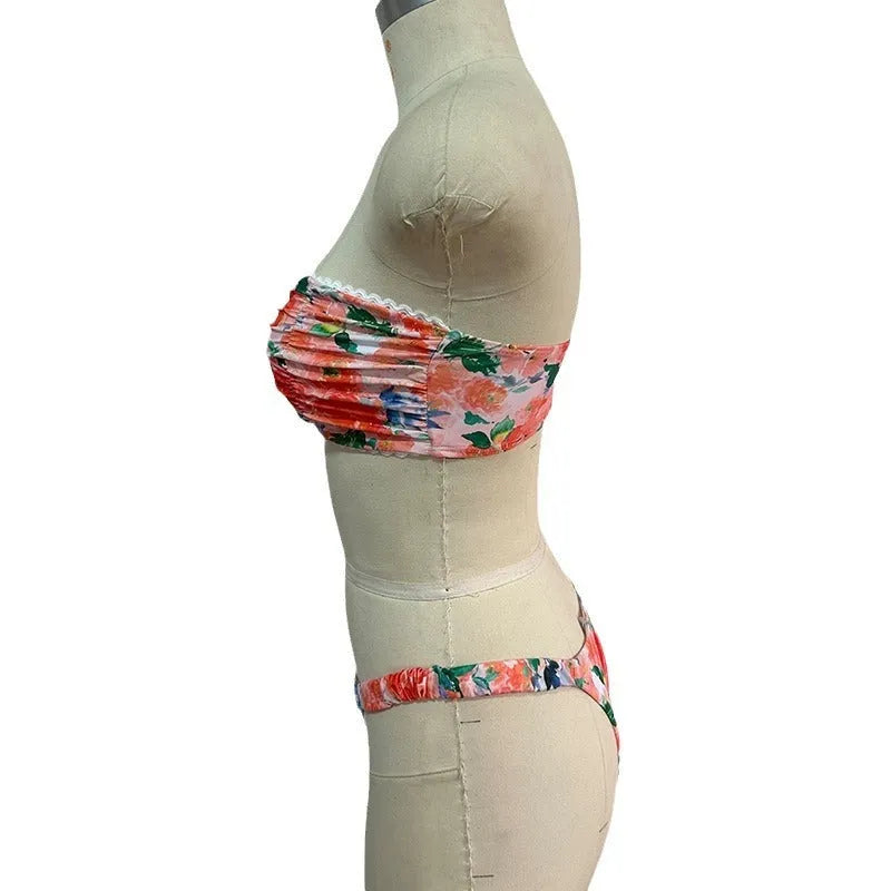 Floral printed tube top bikini with lace trim in European American style swimwear