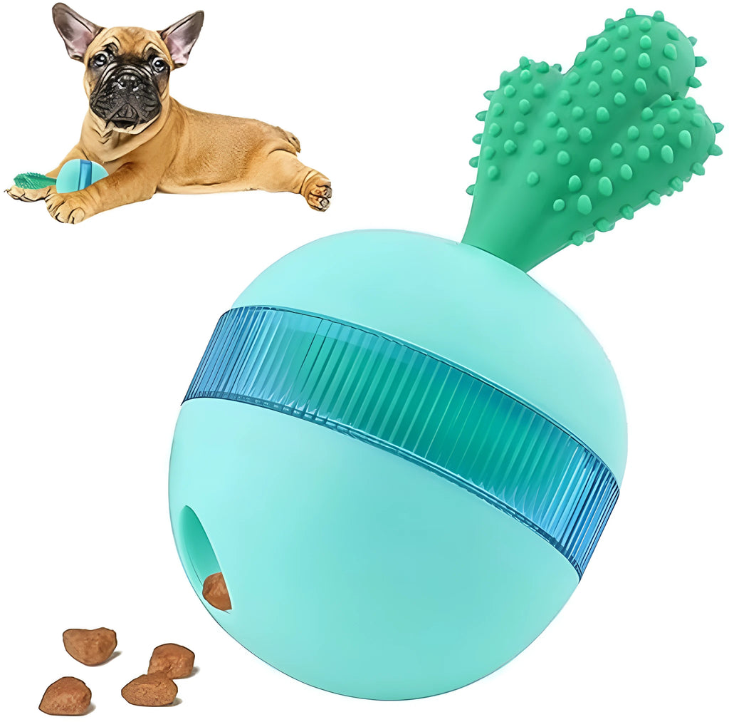 Blue and green durable rubber interactive treat dispensing tumbler ball dog toy