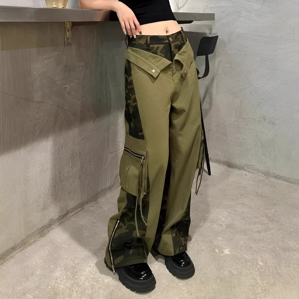 Dark khaki leopard print high waist straight-leg jeans with contrast colour fake stitching detail