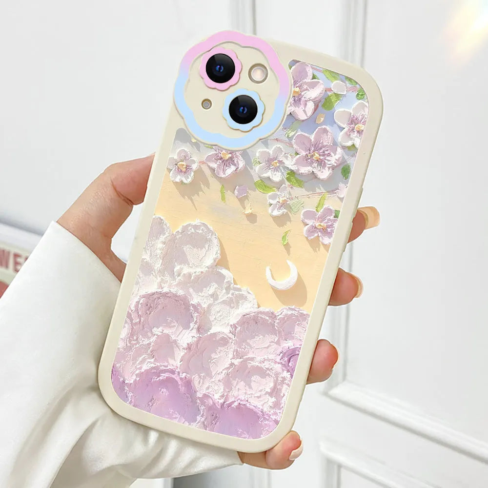 Oil painting moon flower silicone iPhone protective case on a phone