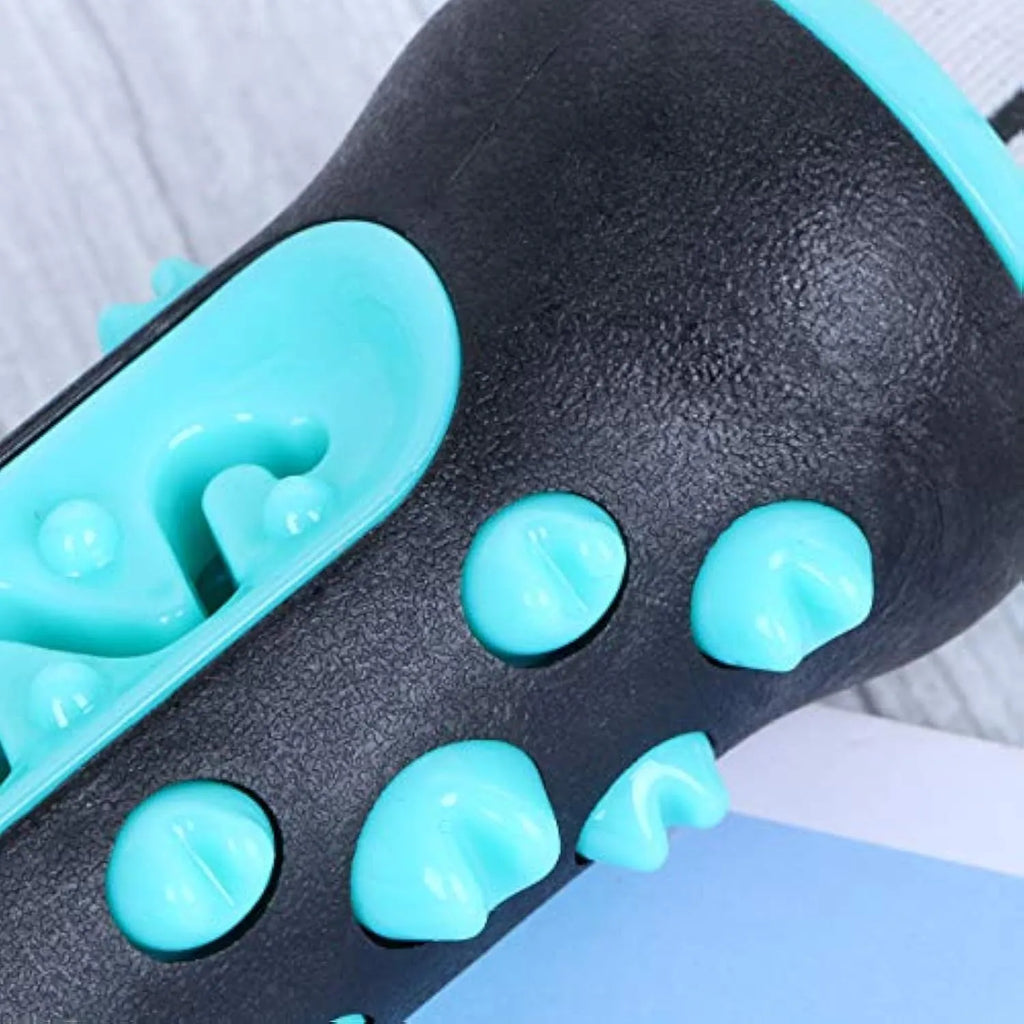 Natural rubber dog toothbrush chew toy in blue, showing textured surfaces and measuring 15 cm long.