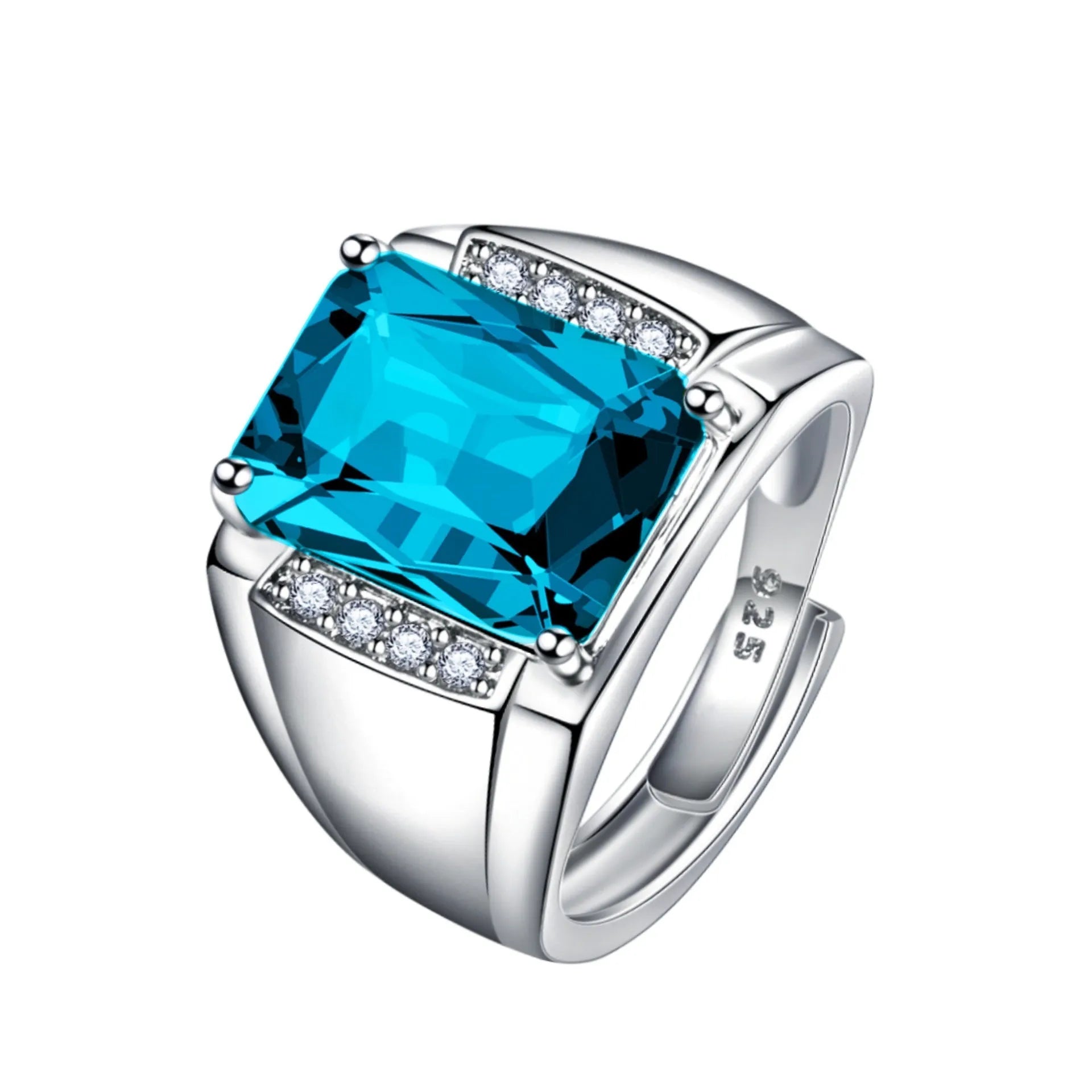 Adjustable open geometric ring with a coloured rhinestone stone on a copper band with plated finish.