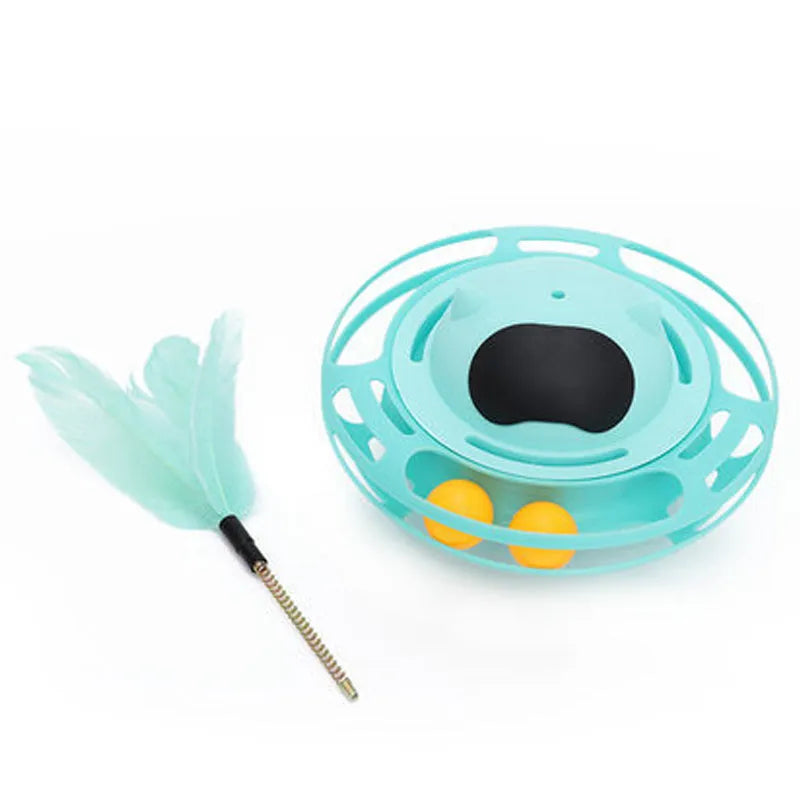 Pink cat stick toy with self-righting tumbler turntable measuring 17cm by 10cm