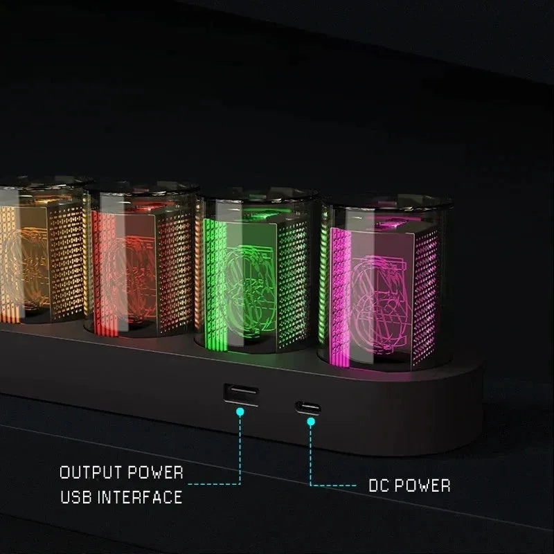 RGB Luminotron LED digital clock in black, white, or wood grain finish showing colourful display on a desk