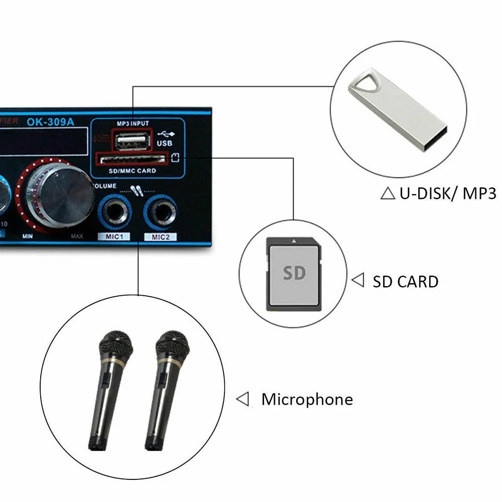 BT-309A-A black dual-power amplifier with Bluetooth and FM for home car audio